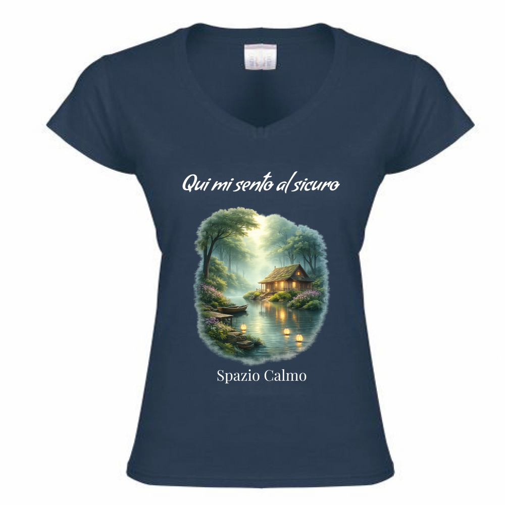 Qui mi sento al sicuro T Shirt Donna scollo a V Spazio Calmo