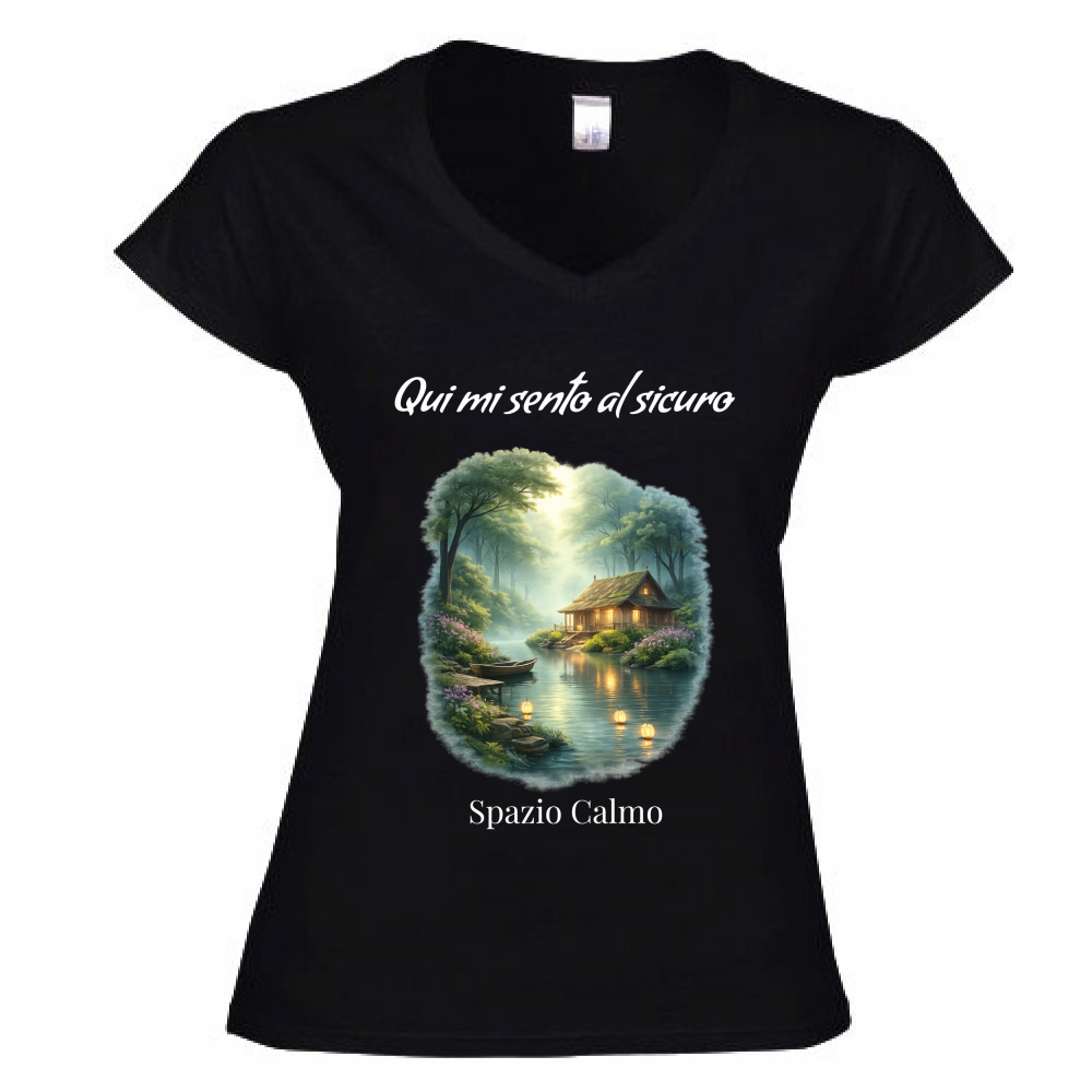 Qui mi sento al sicuro T Shirt Donna scollo a V Spazio Calmo
