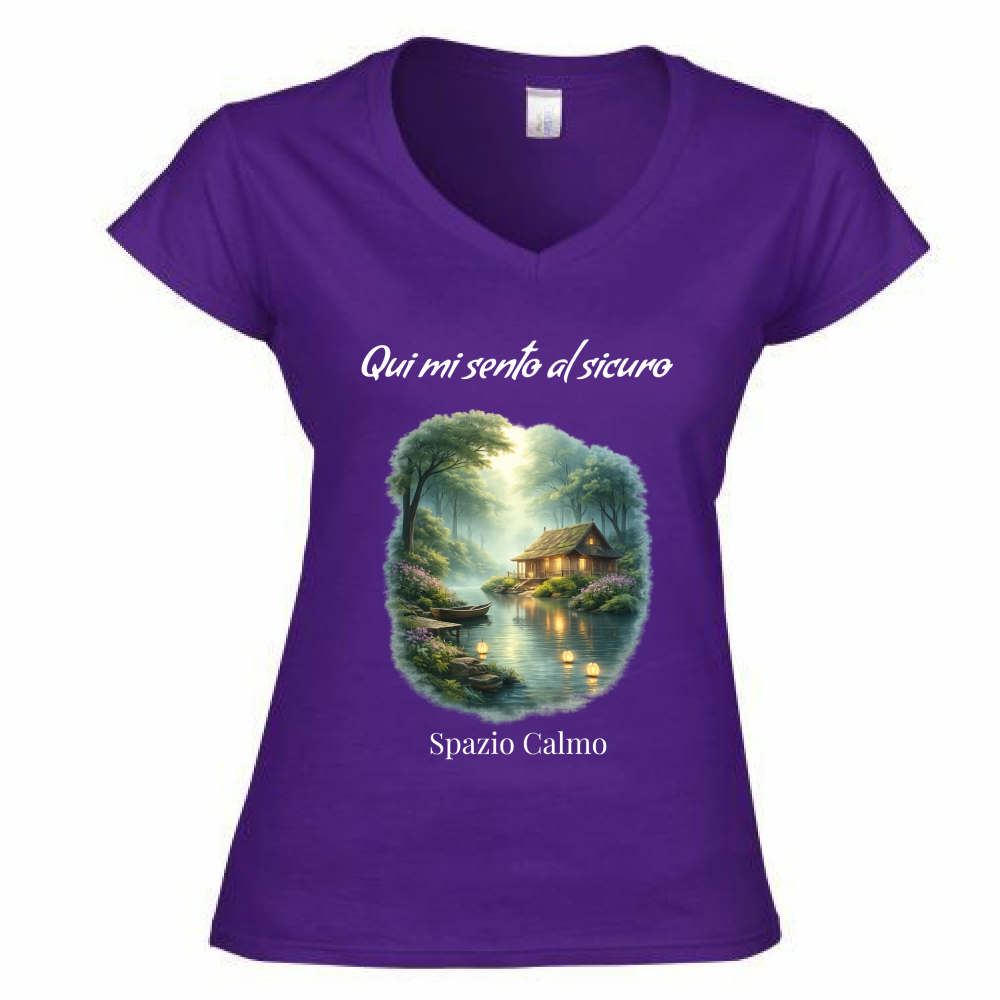 Qui mi sento al sicuro T Shirt Donna scollo a V Spazio Calmo