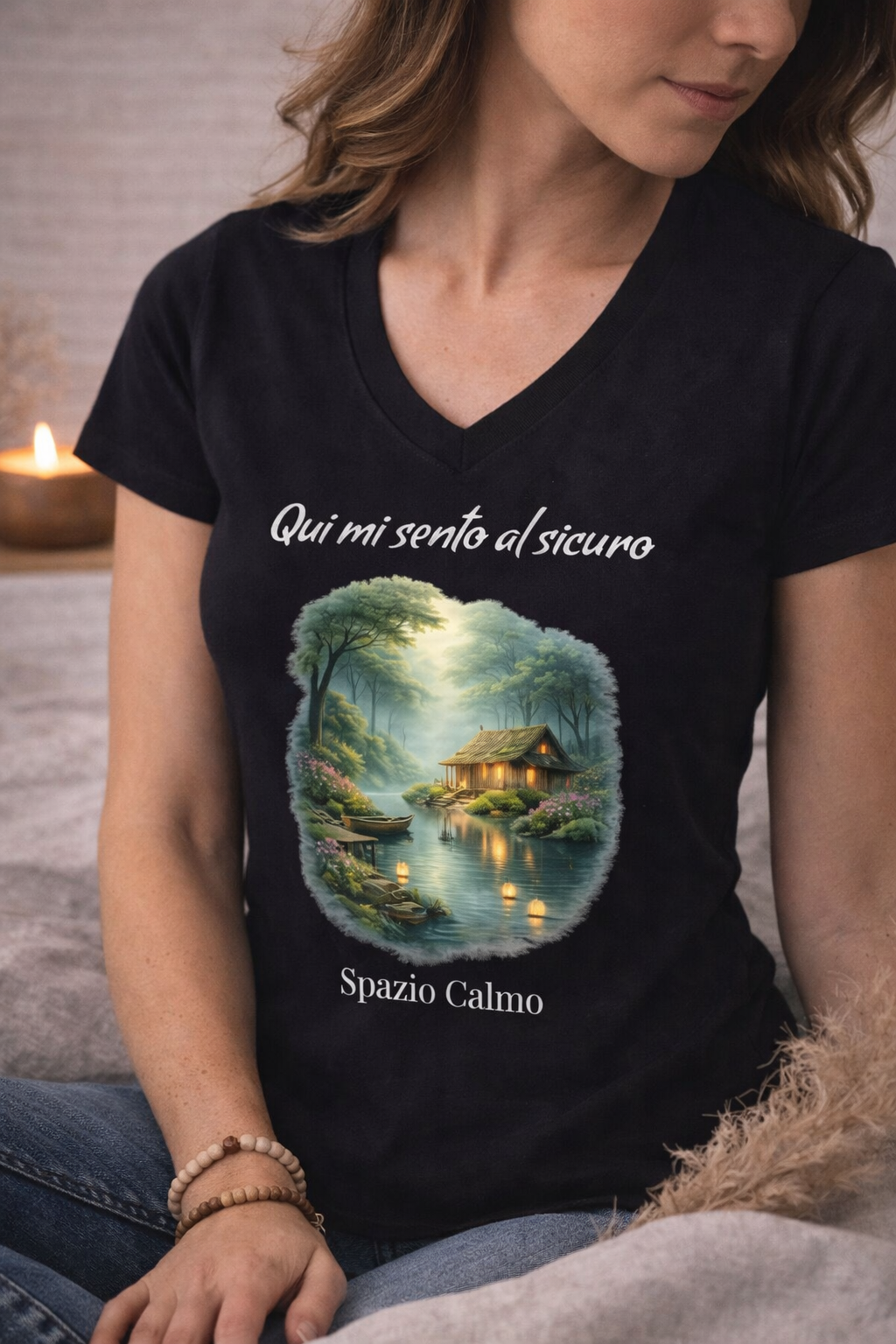 Qui mi sento al sicuro T Shirt Donna scollo a V Spazio Calmo